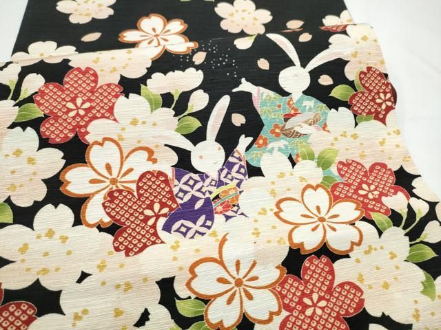 平和屋着物● WAKKA　ワッカ  全通柄　京袋帯　兎　舞桜文　黒地　金糸　正絹　逸品　CABN8148hy