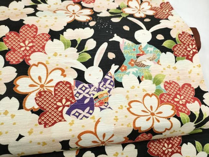 平和屋着物● WAKKA　ワッカ  全通柄　京袋帯　兎　舞桜文　黒地　金糸　正絹　逸品　CABN8148hy