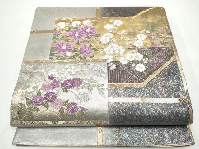 平和屋着物●西陣　京の名門　じゅらく謹製　帝王紫　太鼓柄袋帯　草花文　金銀糸　引箔　正絹　逸品　CABN8170hy