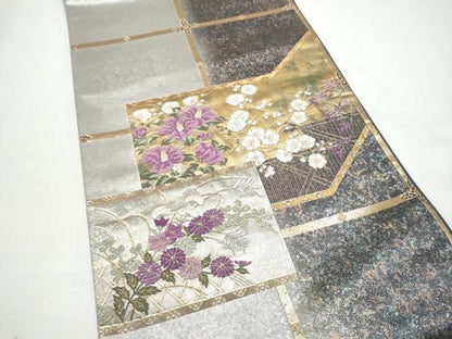 平和屋着物●西陣　京の名門　じゅらく謹製　帝王紫　太鼓柄袋帯　草花文　金銀糸　引箔　正絹　逸品　CABN8170hy