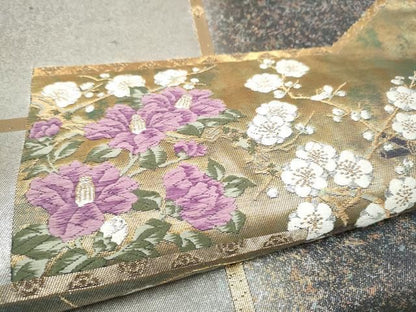 平和屋着物●西陣　京の名門　じゅらく謹製　帝王紫　太鼓柄袋帯　草花文　金銀糸　引箔　正絹　逸品　CABN8170hy