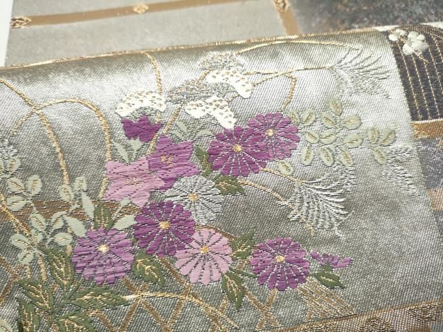 平和屋着物●西陣　京の名門　じゅらく謹製　帝王紫　太鼓柄袋帯　草花文　金銀糸　引箔　正絹　逸品　CABN8170hy
