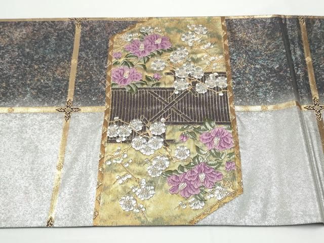平和屋着物●西陣　京の名門　じゅらく謹製　帝王紫　太鼓柄袋帯　草花文　金銀糸　引箔　正絹　逸品　CABN8170hy