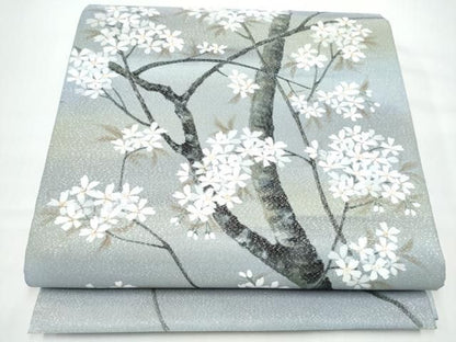 平和屋着物●六通柄袋帯　手描き　綴れ　枝桜文　銀糸　正絹　逸品　CABN8175hy