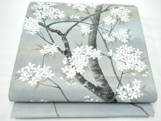 平和屋着物●六通柄袋帯　手描き　綴れ　枝桜文　銀糸　正絹　逸品　CABN8175hy