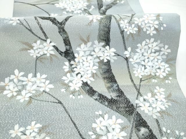 平和屋着物●六通柄袋帯　手描き　綴れ　枝桜文　銀糸　正絹　逸品　CABN8175hy