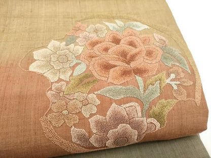 平和屋着物●中国三大刺繍　総相良刺繍　太鼓柄袋帯　紬地　花丸文　正絹　逸品　CABN8181hy