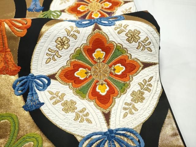 平和屋着物●西陣　河合美術織物謹製　六通柄袋帯　唐織　七宝花文　黒地　金糸　証紙付き　上代70万　正絹　逸品　CABN8183hy