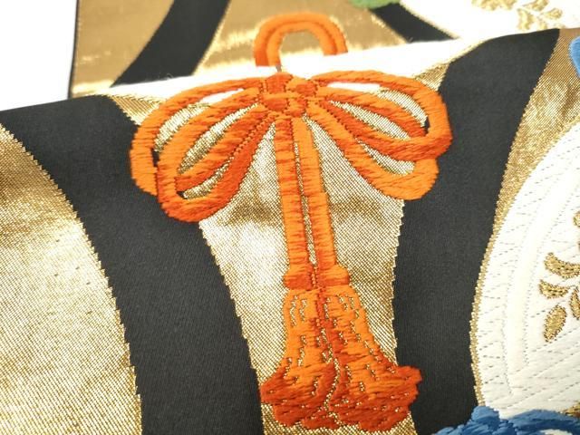 平和屋着物●西陣　河合美術織物謹製　六通柄袋帯　唐織　七宝花文　黒地　金糸　証紙付き　上代70万　正絹　逸品　CABN8183hy