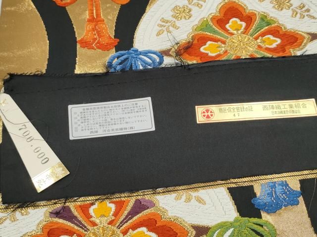 平和屋着物●西陣　河合美術織物謹製　六通柄袋帯　唐織　七宝花文　黒地　金糸　証紙付き　上代70万　正絹　逸品　CABN8183hy