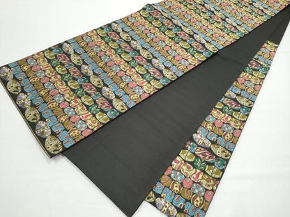 平和屋着物●六通柄袋帯　幾何学文様　黒地　金糸　正絹　逸品　CABN8191hy