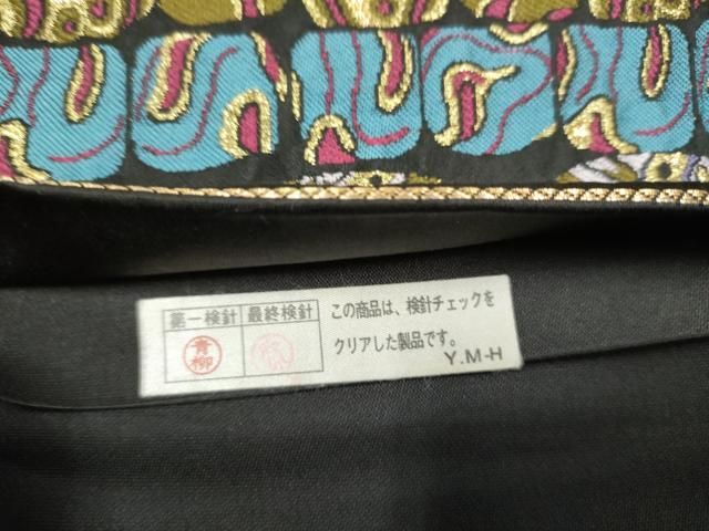 平和屋着物●六通柄袋帯　幾何学文様　黒地　金糸　正絹　逸品　CABN8191hy