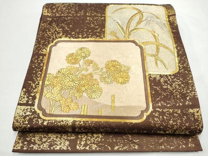 平和屋着物●西陣　川島織物　太鼓柄袋帯　駒刺繍　草花文　本金　正絹　逸品　CABN8194hy