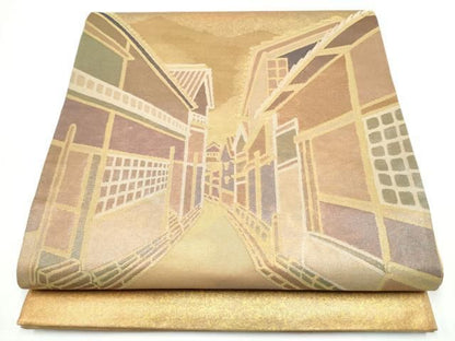 平和屋着物●西陣　紫鉱謹製　太鼓柄袋帯　風景文　金糸　引箔　正絹　逸品　CABN8195hy
