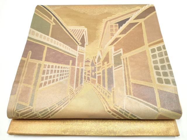 平和屋着物●西陣　紫鉱謹製　太鼓柄袋帯　風景文　金糸　引箔　正絹　逸品　CABN8195hy