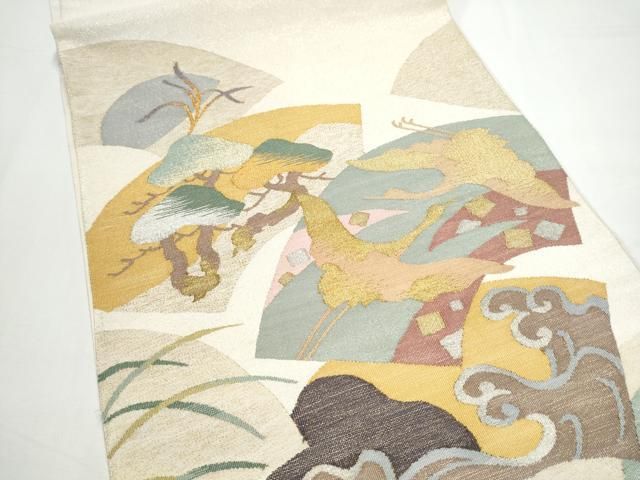 平和屋着物●爪搔き本綴れ　太鼓柄袋帯　地紙飛鶴浜松文　金銀糸　正絹　逸品　CABN8199hy