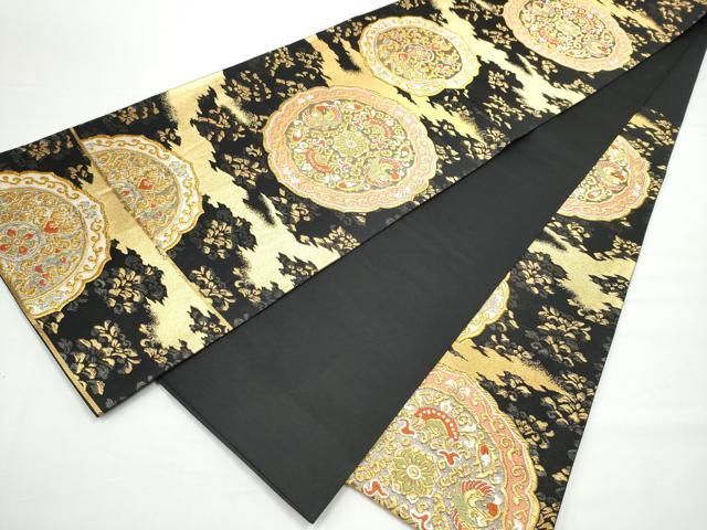 平和屋着物●西陣の名門　加納幸謹製　六通柄袋帯　唐織　絵皿花鳥文　黒地　金銀糸　正絹　逸品　CABN8212hy