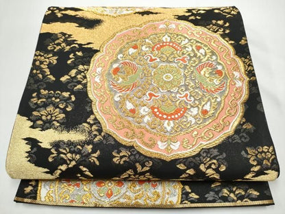平和屋着物●西陣の名門　加納幸謹製　六通柄袋帯　唐織　絵皿花鳥文　黒地　金銀糸　正絹　逸品　CABN8212hy