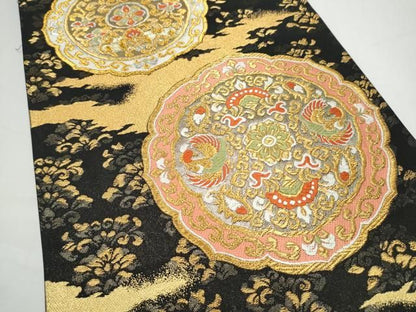 平和屋着物●西陣の名門　加納幸謹製　六通柄袋帯　唐織　絵皿花鳥文　黒地　金銀糸　正絹　逸品　CABN8212hy