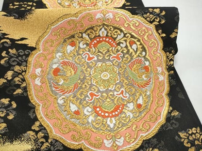 平和屋着物●西陣の名門　加納幸謹製　六通柄袋帯　唐織　絵皿花鳥文　黒地　金銀糸　正絹　逸品　CABN8212hy