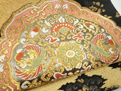 平和屋着物●西陣の名門　加納幸謹製　六通柄袋帯　唐織　絵皿花鳥文　黒地　金銀糸　正絹　逸品　CABN8212hy