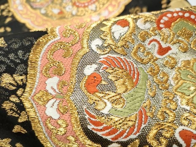 平和屋着物●西陣の名門　加納幸謹製　六通柄袋帯　唐織　絵皿花鳥文　黒地　金銀糸　正絹　逸品　CABN8212hy