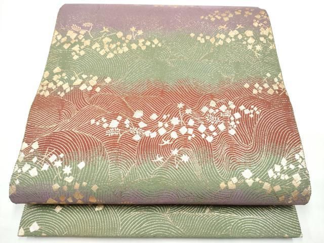 平和屋着物●本場筑前博多織　草木染　手織工房　染匠：小森久　両面　全通柄袋帯　段彩　金糸　正絹　逸品　CABN8217hy