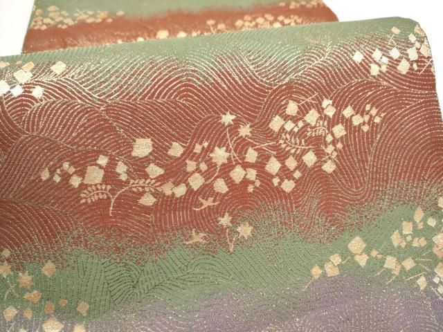 平和屋着物●本場筑前博多織　草木染　手織工房　染匠：小森久　両面　全通柄袋帯　段彩　金糸　正絹　逸品　CABN8217hy