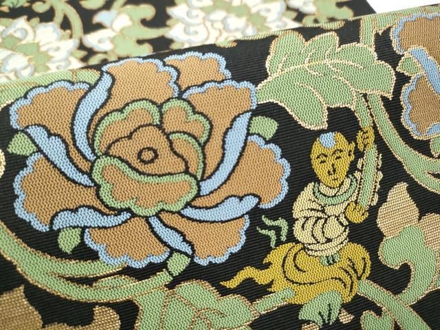 平和屋着物●西陣　川島織物　六通柄　本袋帯　人物牡丹唐草文　黒地　金糸　正絹　逸品　CABN8226hy