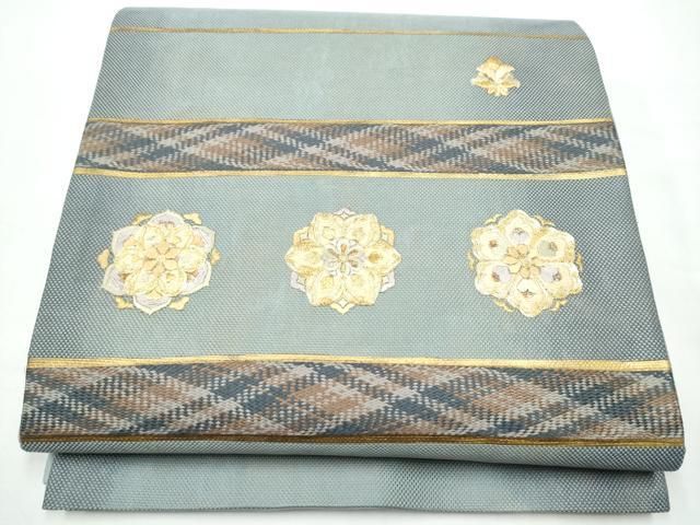 平和屋着物●太鼓柄袋帯　総刺繍　駒刺繍　舞花文　金糸　正絹　逸品　CABN8228hy