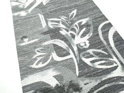 平和屋着物●六通柄袋帯　紬地　枝花文　銀糸　正絹　逸品　CABN8237hy