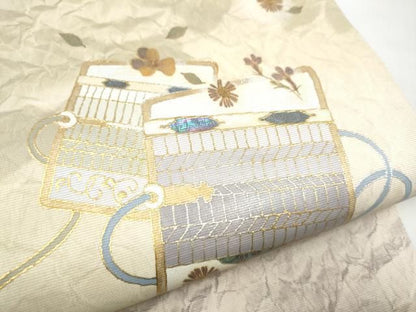 平和屋着物●太鼓柄袋帯　作家物　螺鈿　幾何学花文　金銀彩　正絹　逸品　CABN8257hy