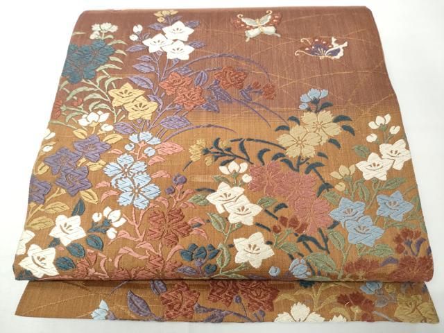 平和屋着物●六通柄袋帯　唐織　花苑秋草飛蝶文　金糸　三越扱い　正絹　逸品　CABN8273hy