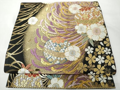 平和屋着物●六通柄袋帯　乱菊　黒地　金糸　正絹　逸品　CABN8274hy