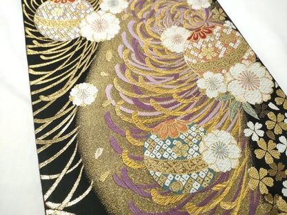 平和屋着物●六通柄袋帯　乱菊　黒地　金糸　正絹　逸品　CABN8274hy