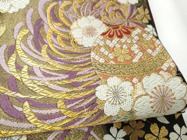 平和屋着物●六通柄袋帯　乱菊　黒地　金糸　正絹　逸品　CABN8274hy