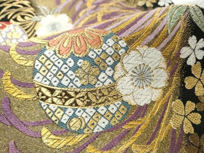 平和屋着物●六通柄袋帯　乱菊　黒地　金糸　正絹　逸品　CABN8274hy