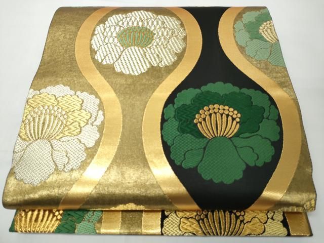 平和屋着物●西陣　とみや織物謹製　とみや帯　六通柄袋帯　牡丹立涌文　黒地　金糸　引箔　正絹　逸品　CABN8279hy