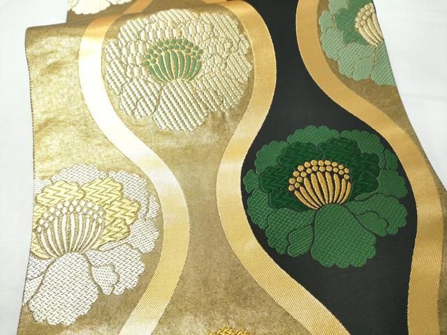 平和屋着物●西陣　とみや織物謹製　とみや帯　六通柄袋帯　牡丹立涌文　黒地　金糸　引箔　正絹　逸品　CABN8279hy