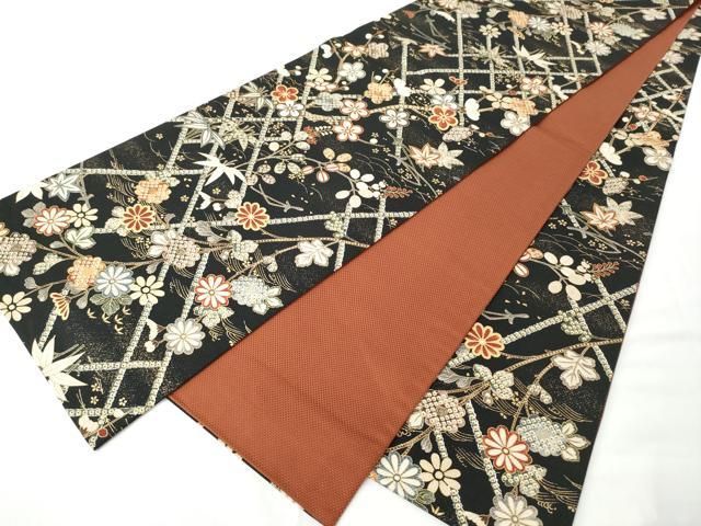 平和屋着物●全通柄袋帯　草花文　黒地　金彩　正絹　逸品　CABN8297hy