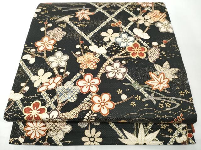 平和屋着物●全通柄袋帯　草花文　黒地　金彩　正絹　逸品　CABN8297hy