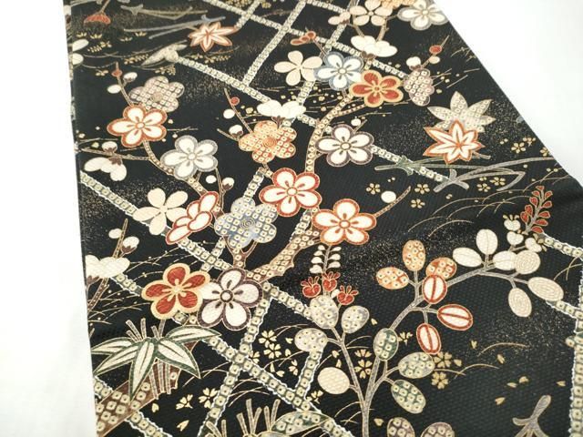 平和屋着物●全通柄袋帯　草花文　黒地　金彩　正絹　逸品　CABN8297hy