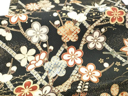 平和屋着物●全通柄袋帯　草花文　黒地　金彩　正絹　逸品　CABN8297hy