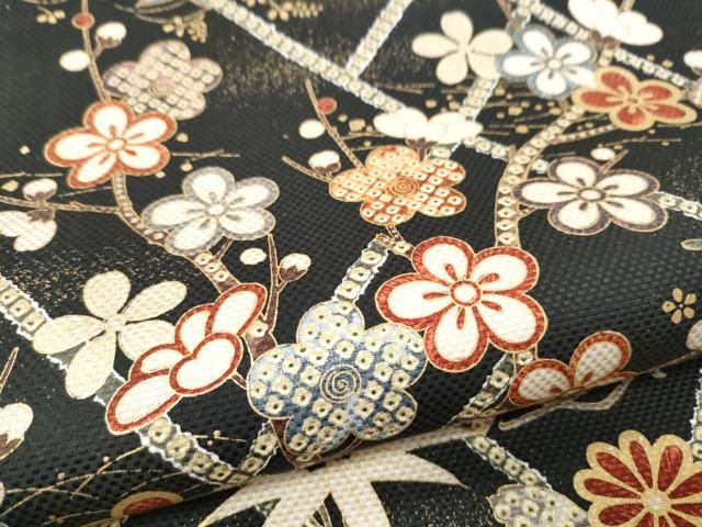 平和屋着物●全通柄袋帯　草花文　黒地　金彩　正絹　逸品　CABN8297hy
