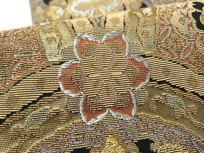 平和屋着物●西陣　岡文織物謹製　六通柄袋帯　輪奈織　舞花文　黒地　金銀糸　証紙付き　正絹　逸品　未使用　CABN8306hy