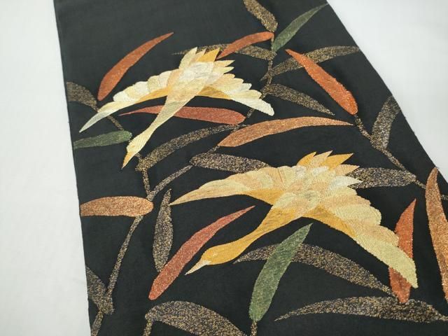 平和屋着物●太鼓柄袋帯　飛鶴枝葉文　黒地　金銀糸　正絹　逸品　CABN8307hy