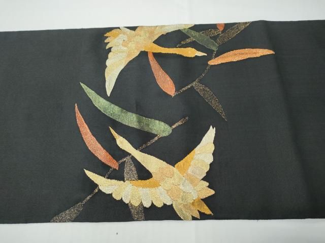 平和屋着物●太鼓柄袋帯　飛鶴枝葉文　黒地　金銀糸　正絹　逸品　CABN8307hy