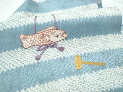 平和屋着物●九寸名古屋帯　絞り　総刺繍　魚　正絹　逸品　CABN8317hy