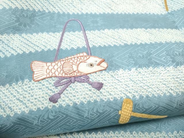 平和屋着物●九寸名古屋帯　絞り　総刺繍　魚　正絹　逸品　CABN8317hy