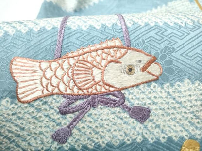 平和屋着物●九寸名古屋帯　絞り　総刺繍　魚　正絹　逸品　CABN8317hy